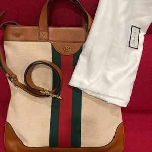 GUCCI Beige Canvas and Brown Leather tote